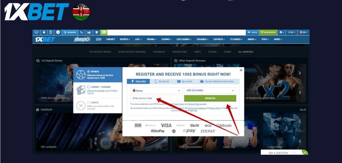 Registering at 1XBET platform Kenya